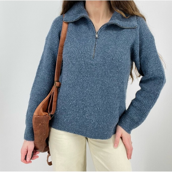 J. Crew Wool Blend Ribbed Quarter Zip Sweater in Misty Blue Size S - Picture 2 of 6